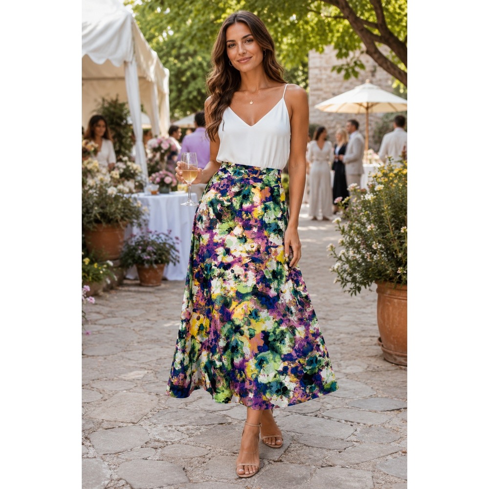 Gravity Threads Colorful Watercolor Floral Skirt Maxi Length Bohemian Chic